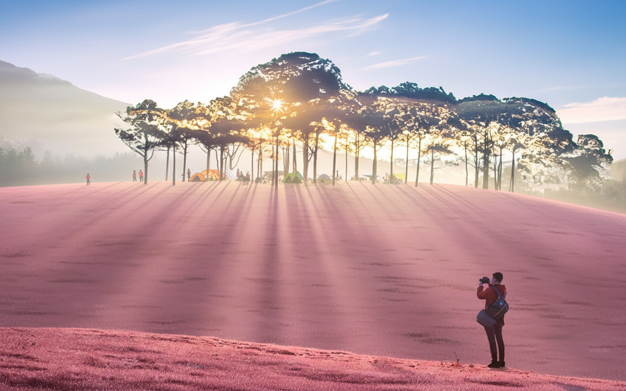 다낭의 핑크 풀밭에서 캠핑하며 맞이하는 일출