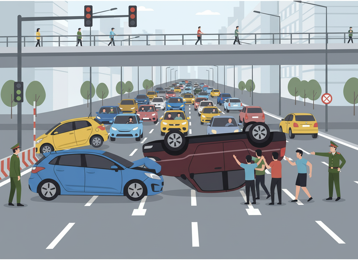 하노이 거리에서 발생한 연쇄 교통사고