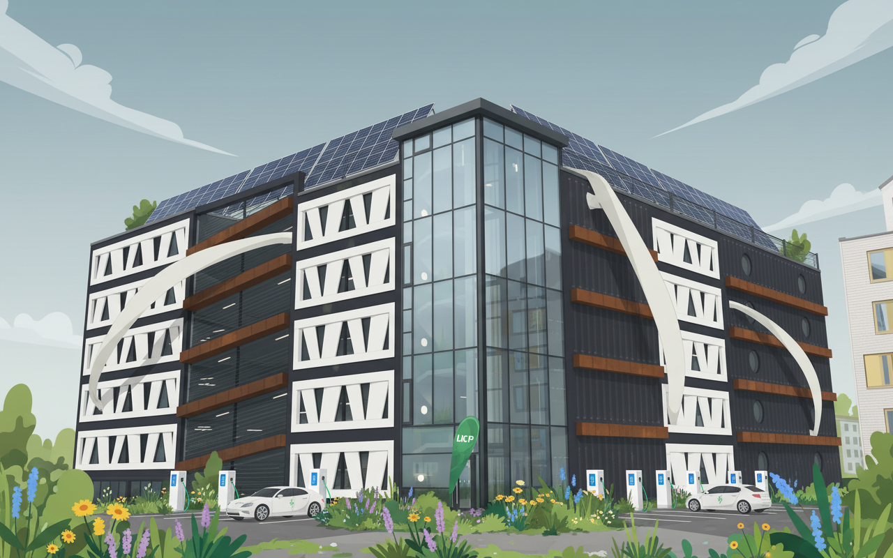 유럽 최초의 구형 풍력 터빈 날개로 지어진 주차장