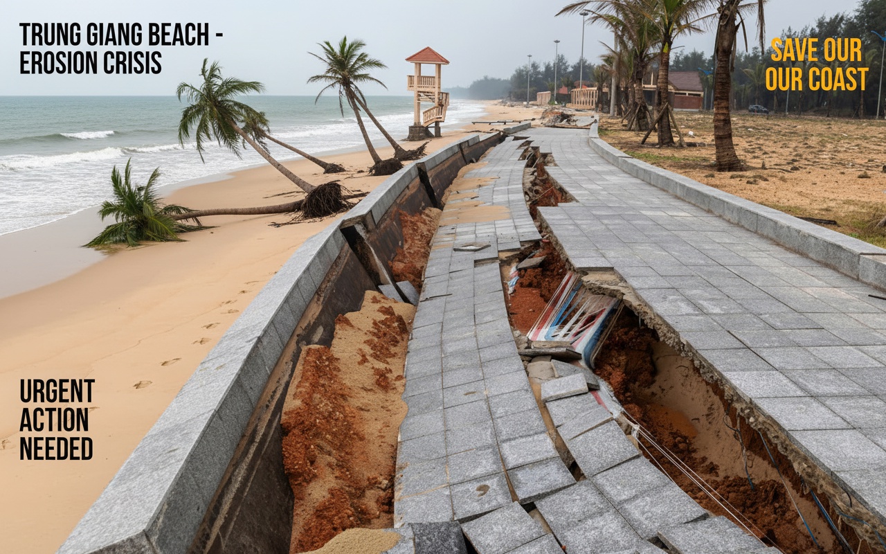 퀀쩨(Quảng Trị) 해안 제방 1천 미터 이상 붕괴