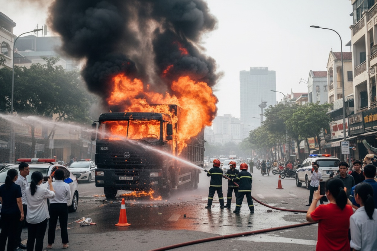 하노이 거리에서 화재 발생한 화물차