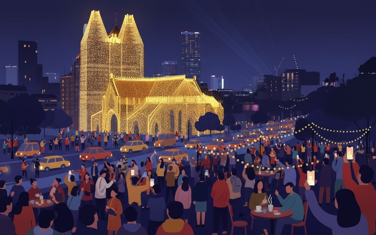 성당 불빛을 감상하기 위해 고생하는 사람들