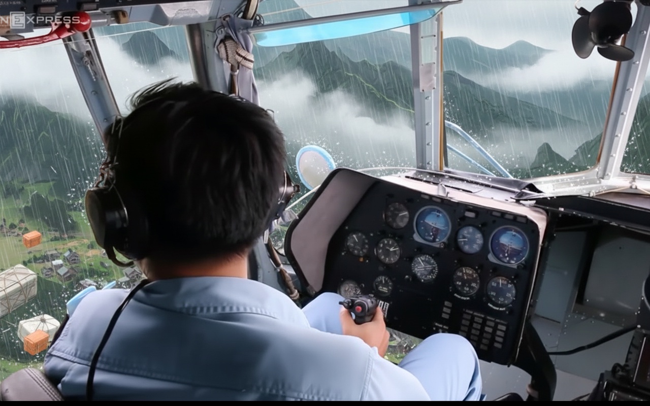 헬리콥터가 침수 지역으로 날아간다