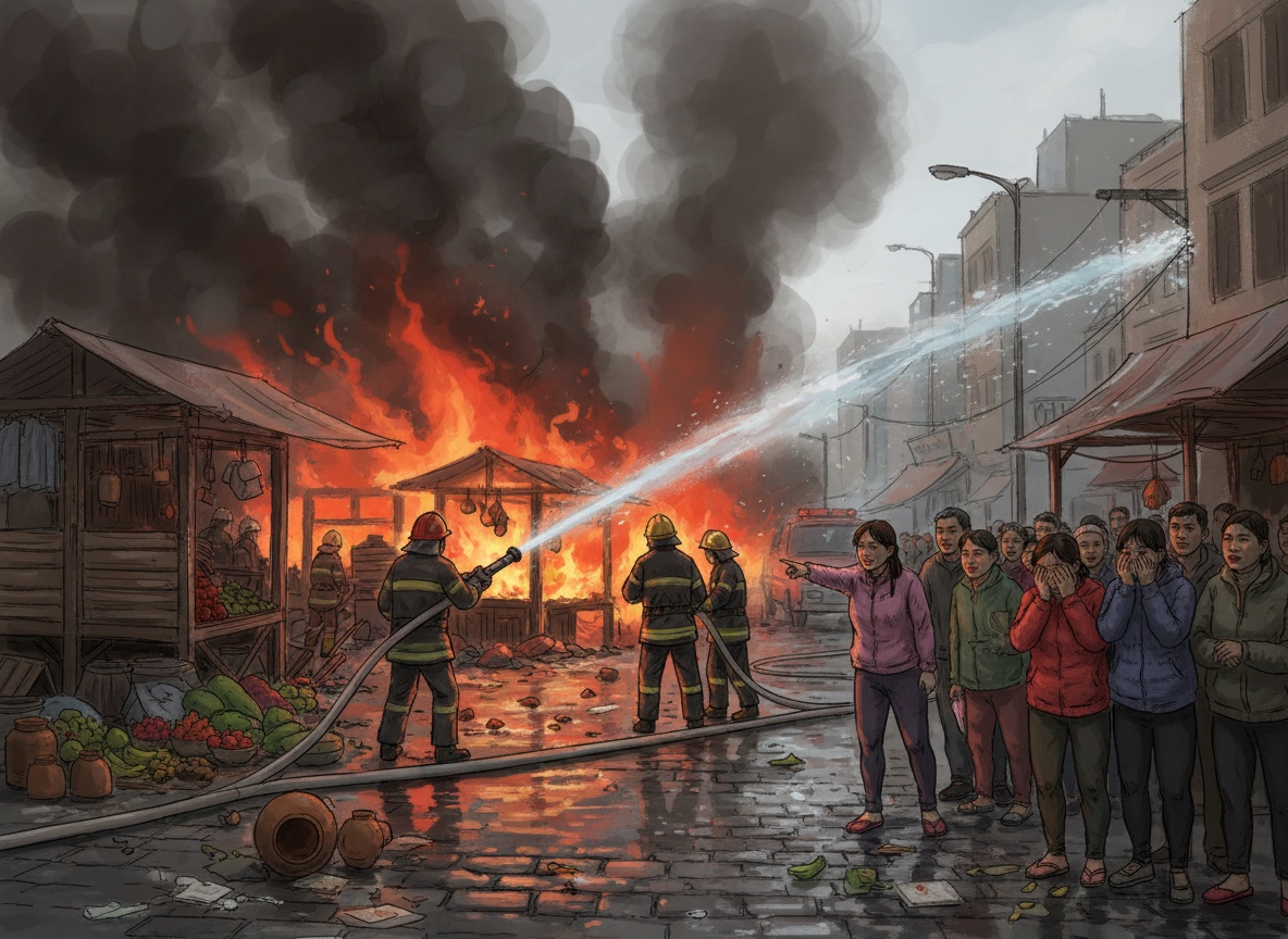 새벽에 불타는 시장을 바라보며 눈물을 흘리는 상인들