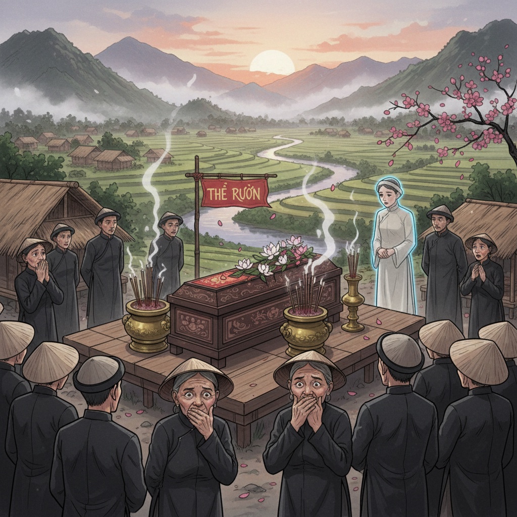 가짜 죽음을 가장한 여성의 장례식, 자정에 관에서 빠져나오다