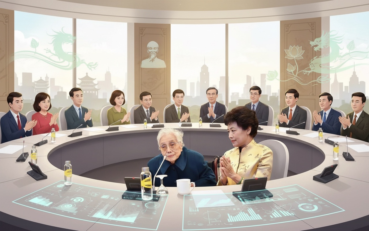 응우옌 티 빈 여사가 가장 나이 많은 대표로 국가 애국 운동 대회에 참석