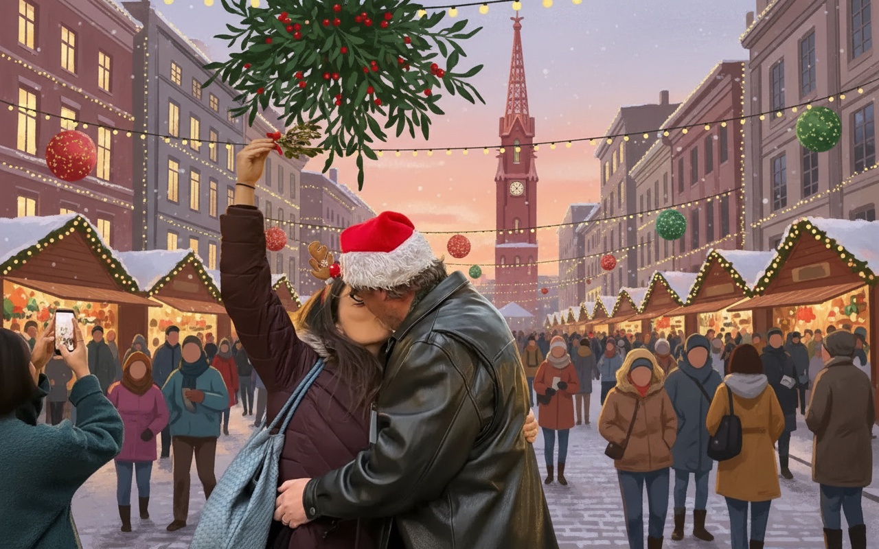 크리스마스 이브, 겨우살이 아래의 입맞춤 풍습 해석하기