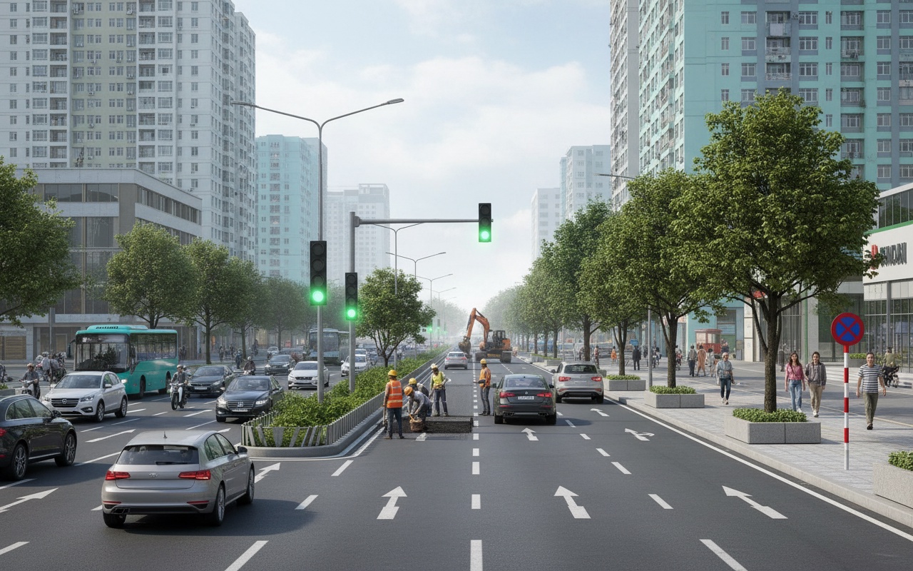 하노이, 교차로에서 인도와 도로 확장 작업 진행