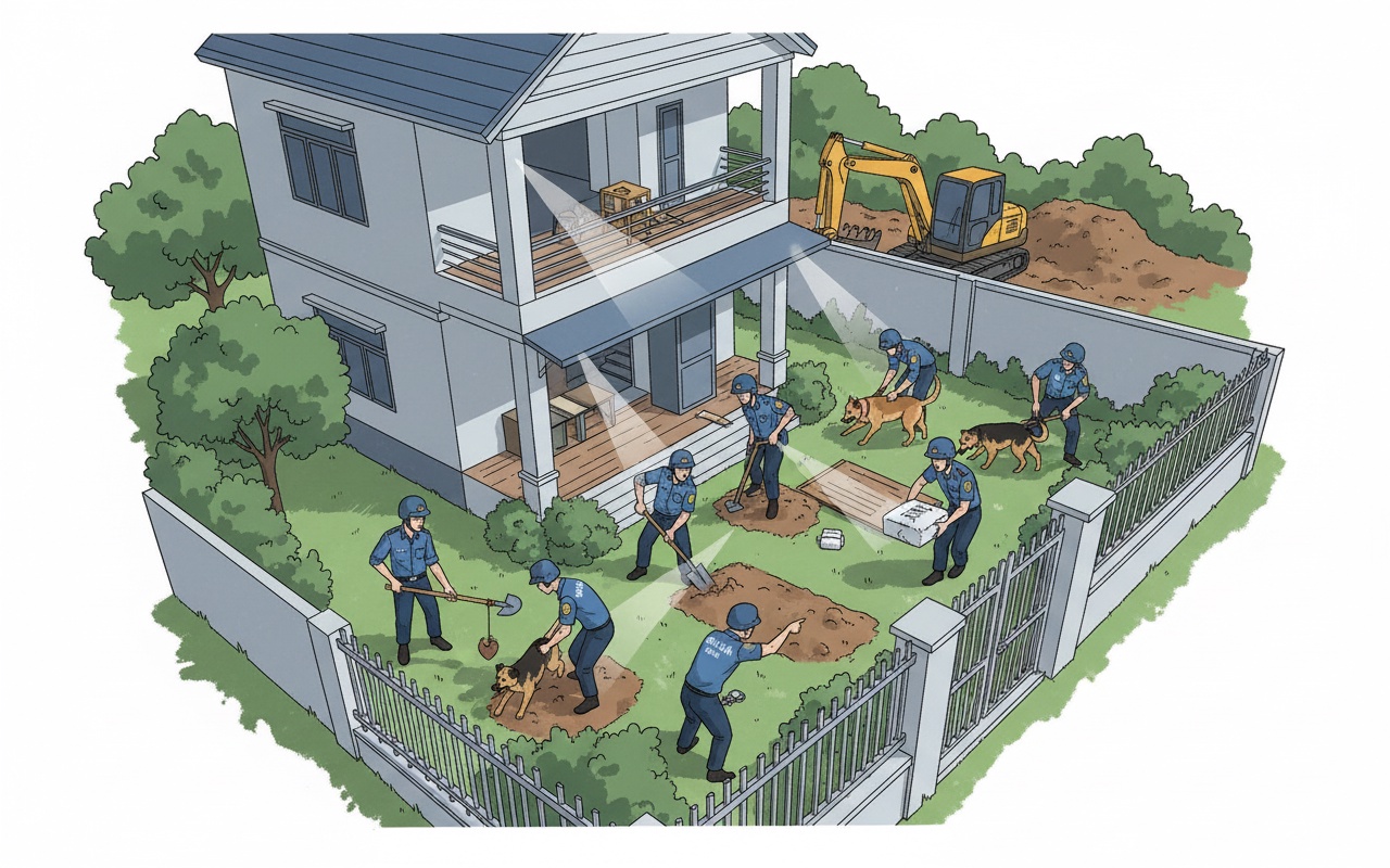 범죄조직의 마약을 찾기 위해 경찰이 정원을 파헤치다