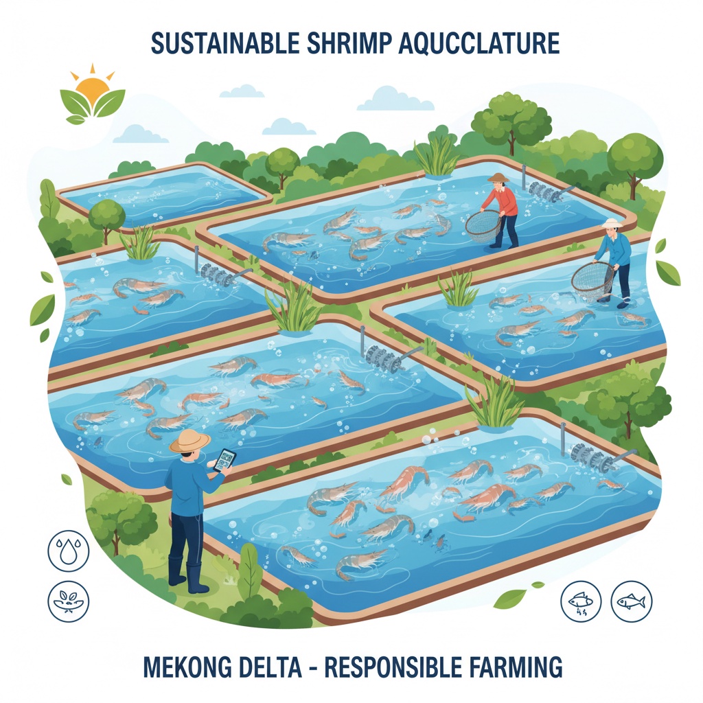 현대 양식 기술 적용으로 메콩 강의 쌀 새우 복지 보장