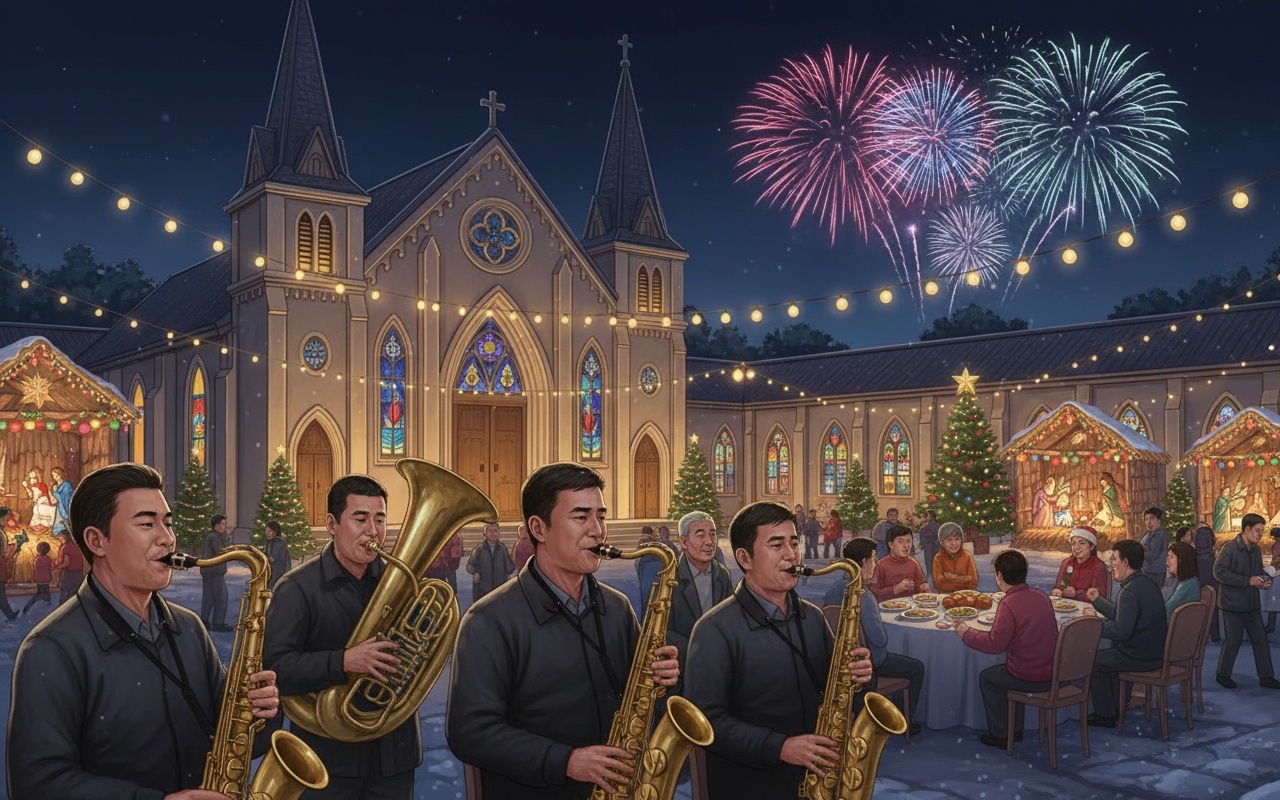 2,000명이 참석한 고풍스러운 교회에서의 금관 악기 공연