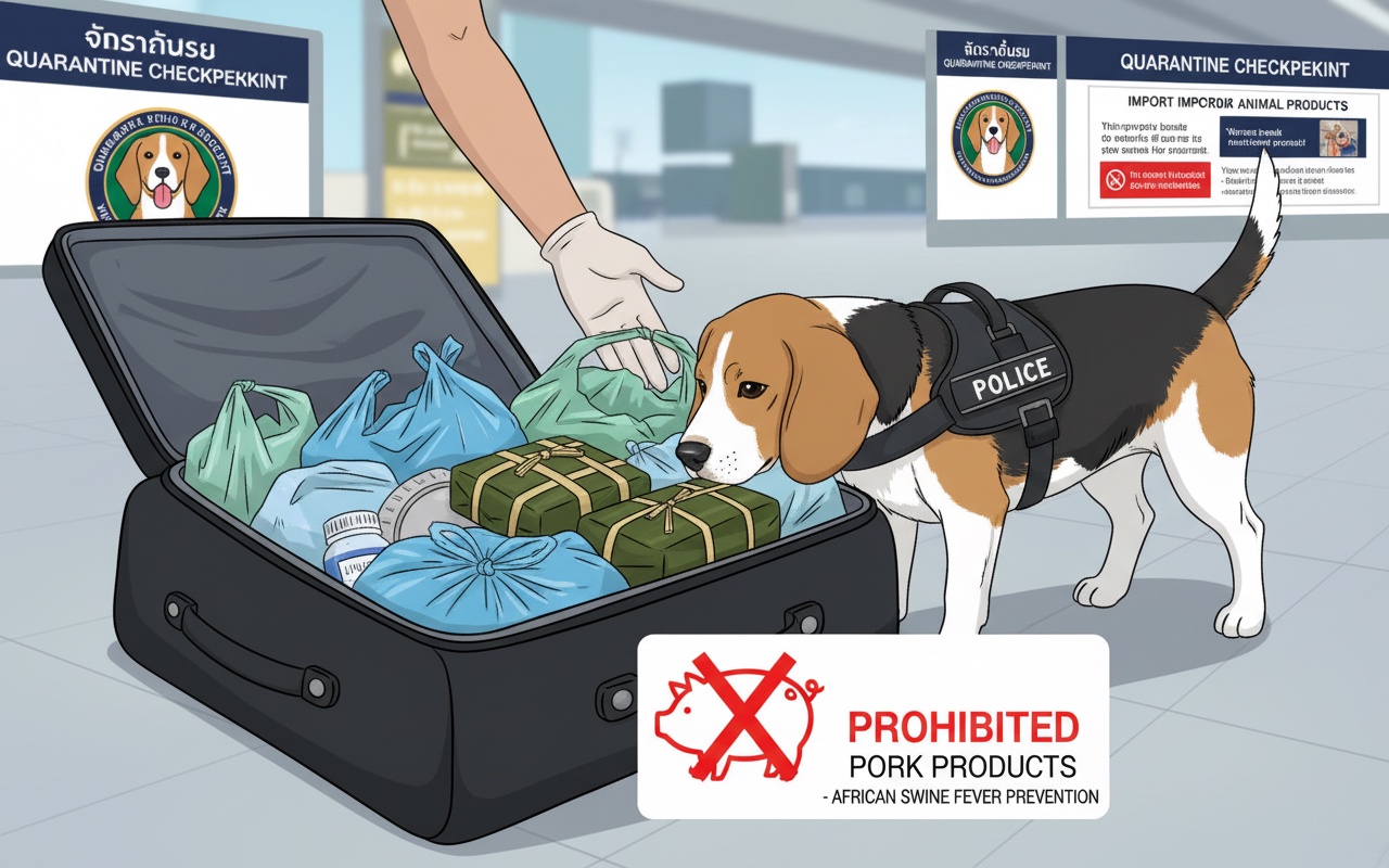 태국 공항에서 베트남 관광객이 돼지고기 소세지를 발견한 경찰견