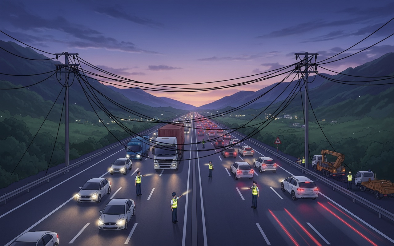 전선이 도로를 가로막아, 리엔 쿤 - 프렌 고속도로 한 시간 이상 마비