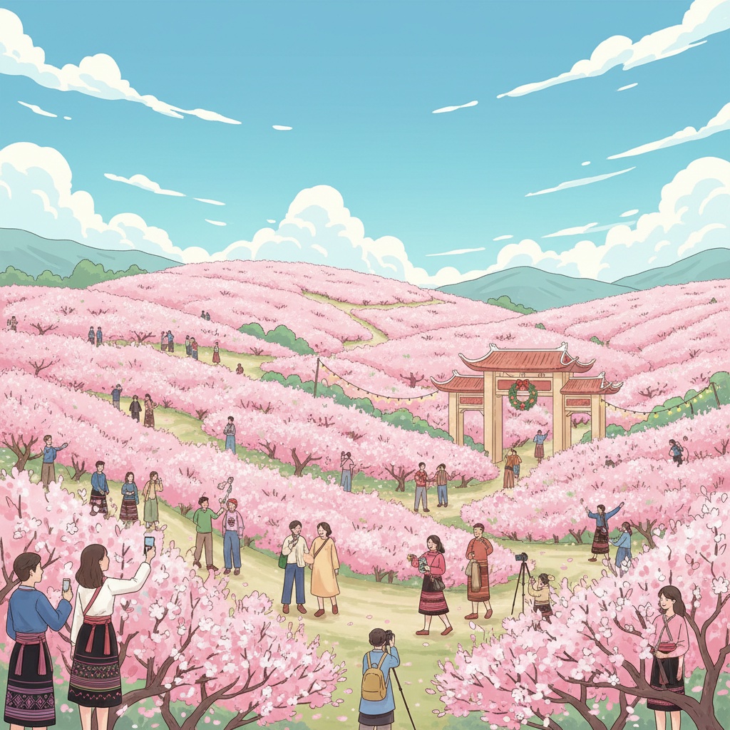 루옹꾸(Lũng Cú) 국경 초소에 모인 관광객들, 매화꽃 체크인