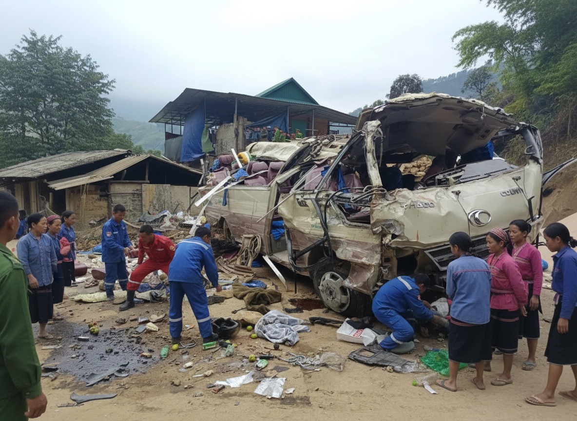 라오까이에서 자원봉사단을 태운 차량 전복 사고 현장
