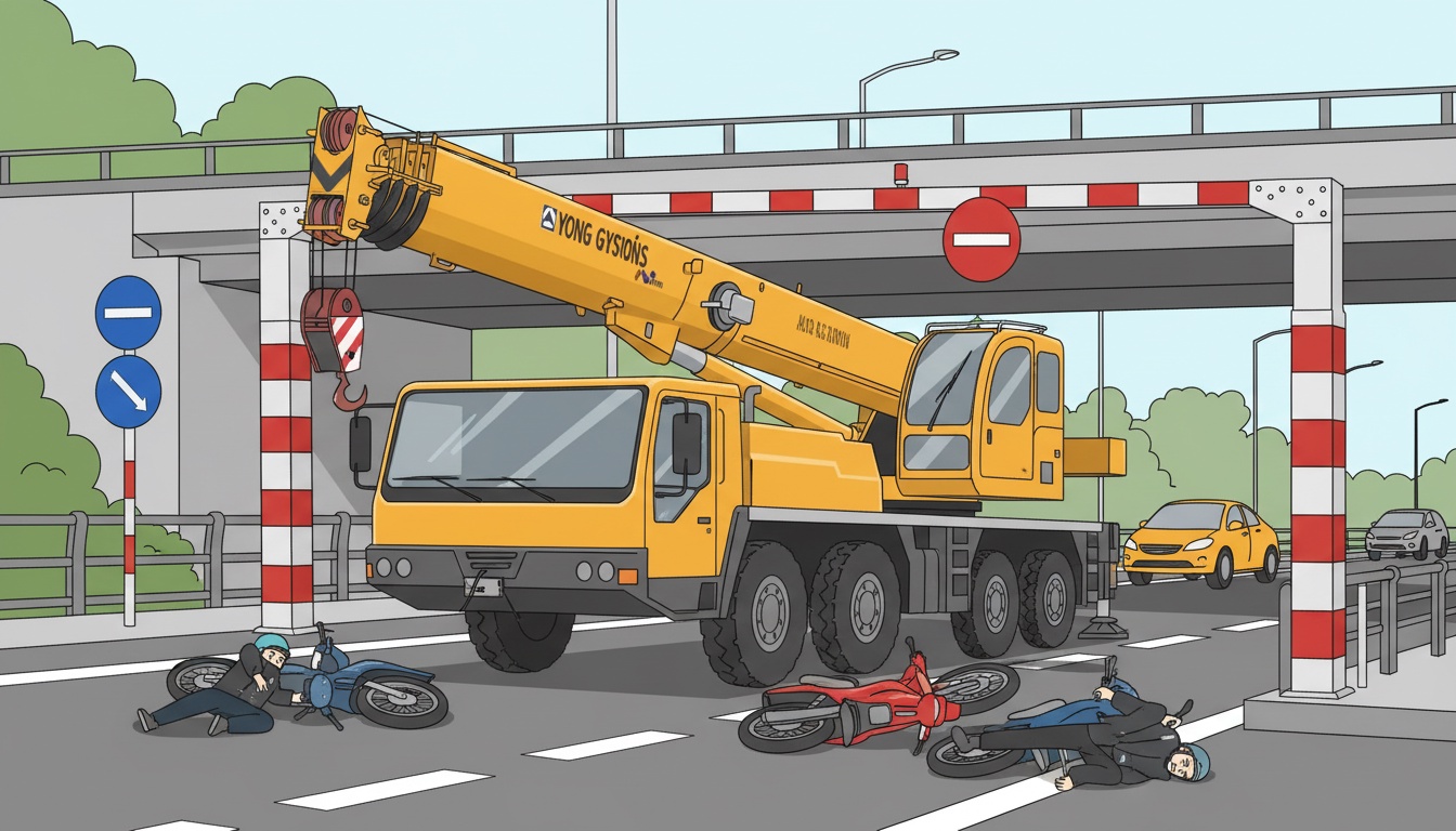 대형 크레인이 교량의 안전 바리케이드를 파손, 두 대의 오토바이에 충돌