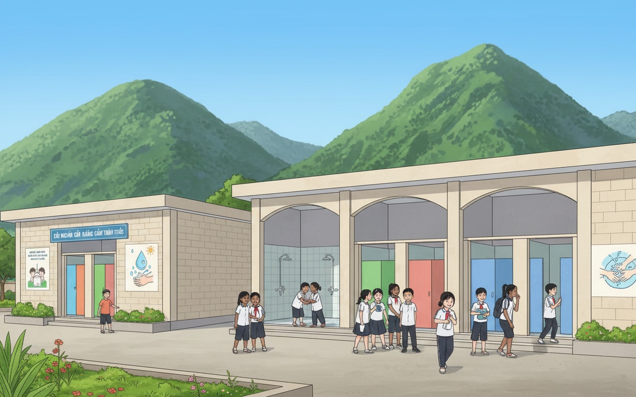 퀑찌(Quảng Trị) 지역의 어려운 학교에 위생 시설을 갖춘 화장실이 5개월 만에 완공