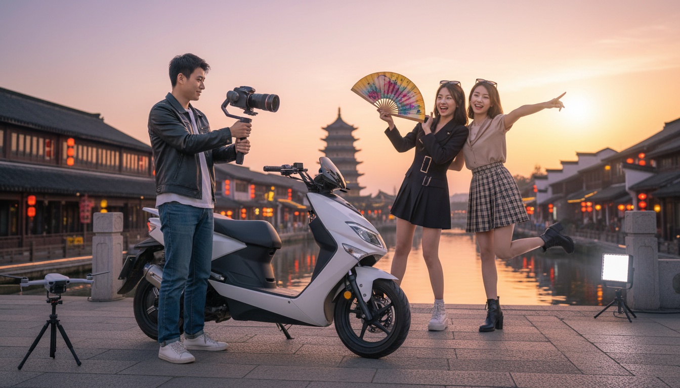 베트남 관광객, 청년 모델과 함께 모터바이크를 타고 촬영하는 서비스 이용