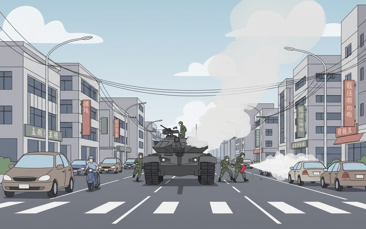 대만 거리에서 연기를 뿜어내는 전차