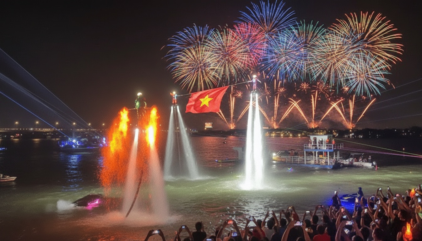 수천 명이 동나이 강으로 모여 플라이보드 공연 관람