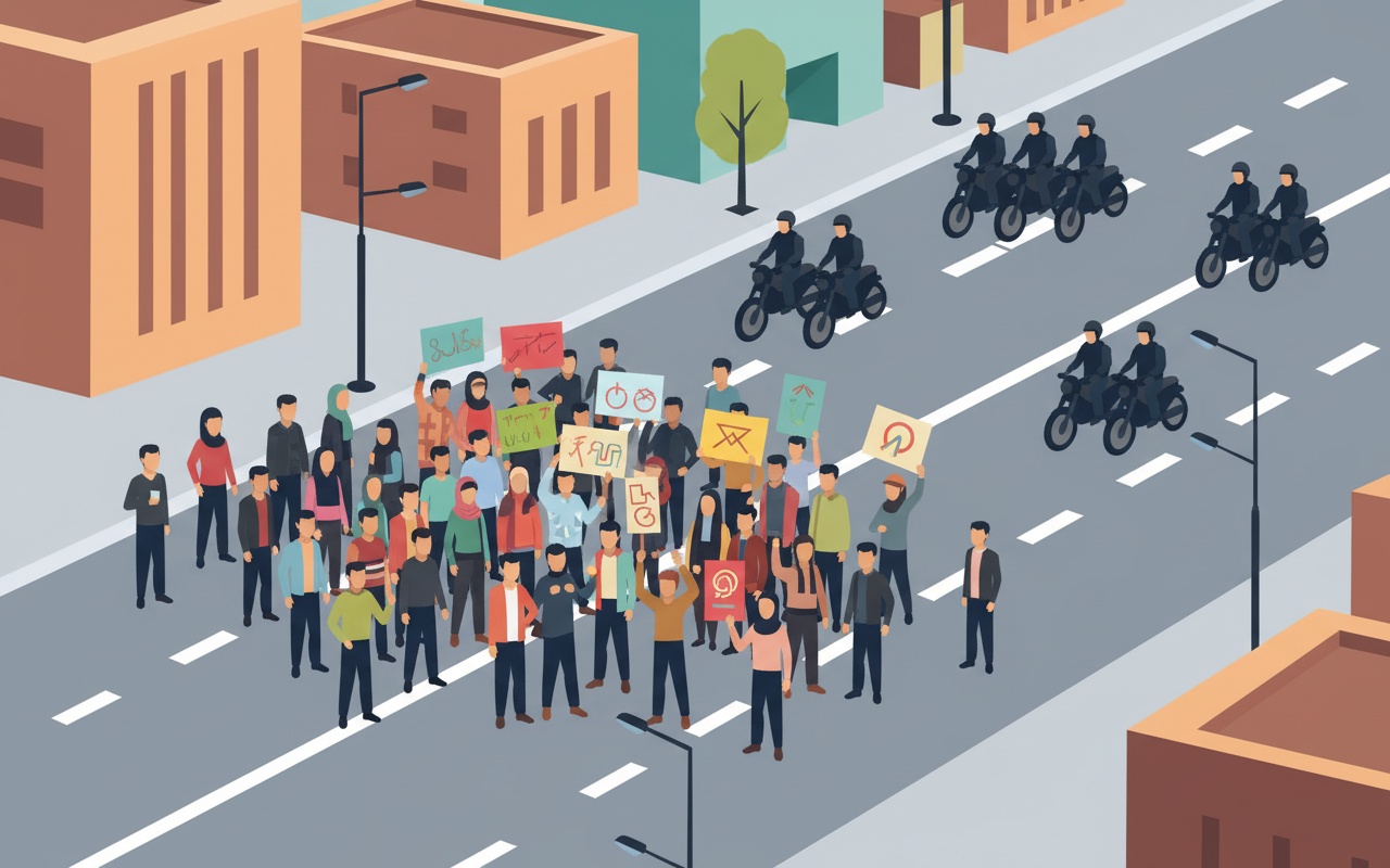 이란 시위자가 경찰 차량을 막고 도로에 앉은 순간