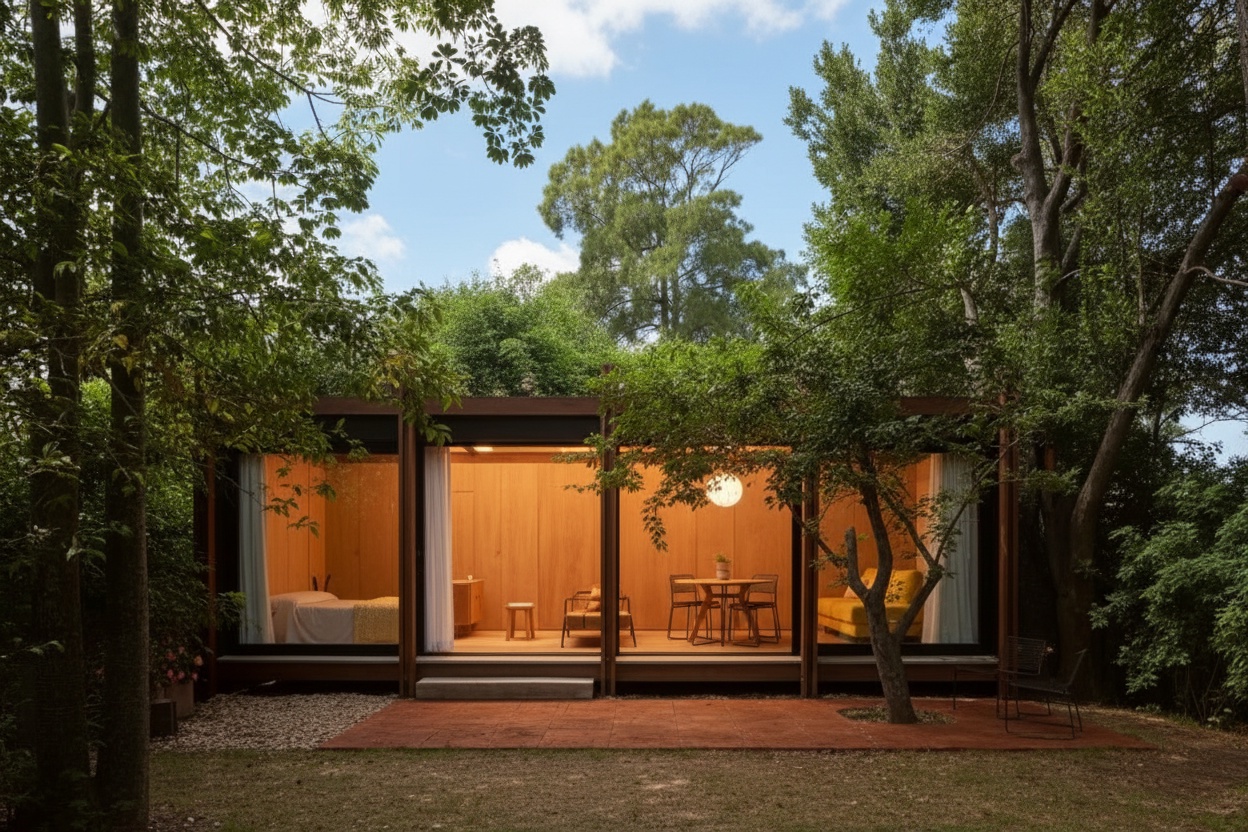 숲 속에 세운 40m²의 나무와 유리로 만든 집