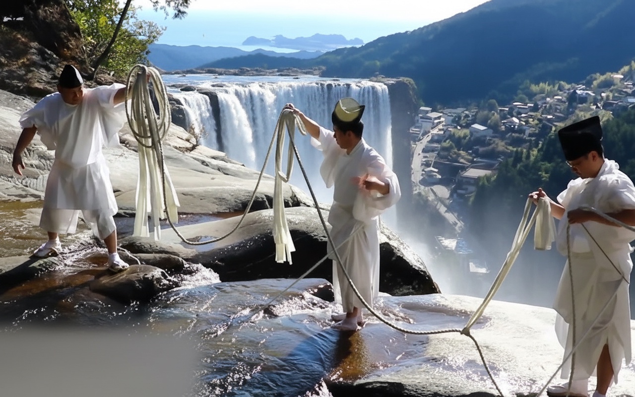 일본 신도 승려, 새해 맞이 신성한 밧줄 교체