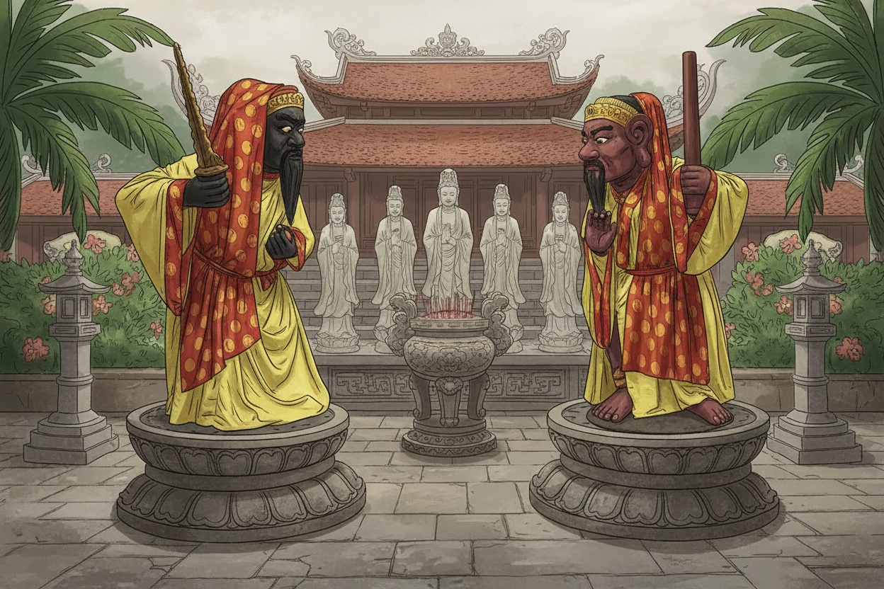 닭산사에 있는 붉은 신과 검은 신의 두 석상 전설