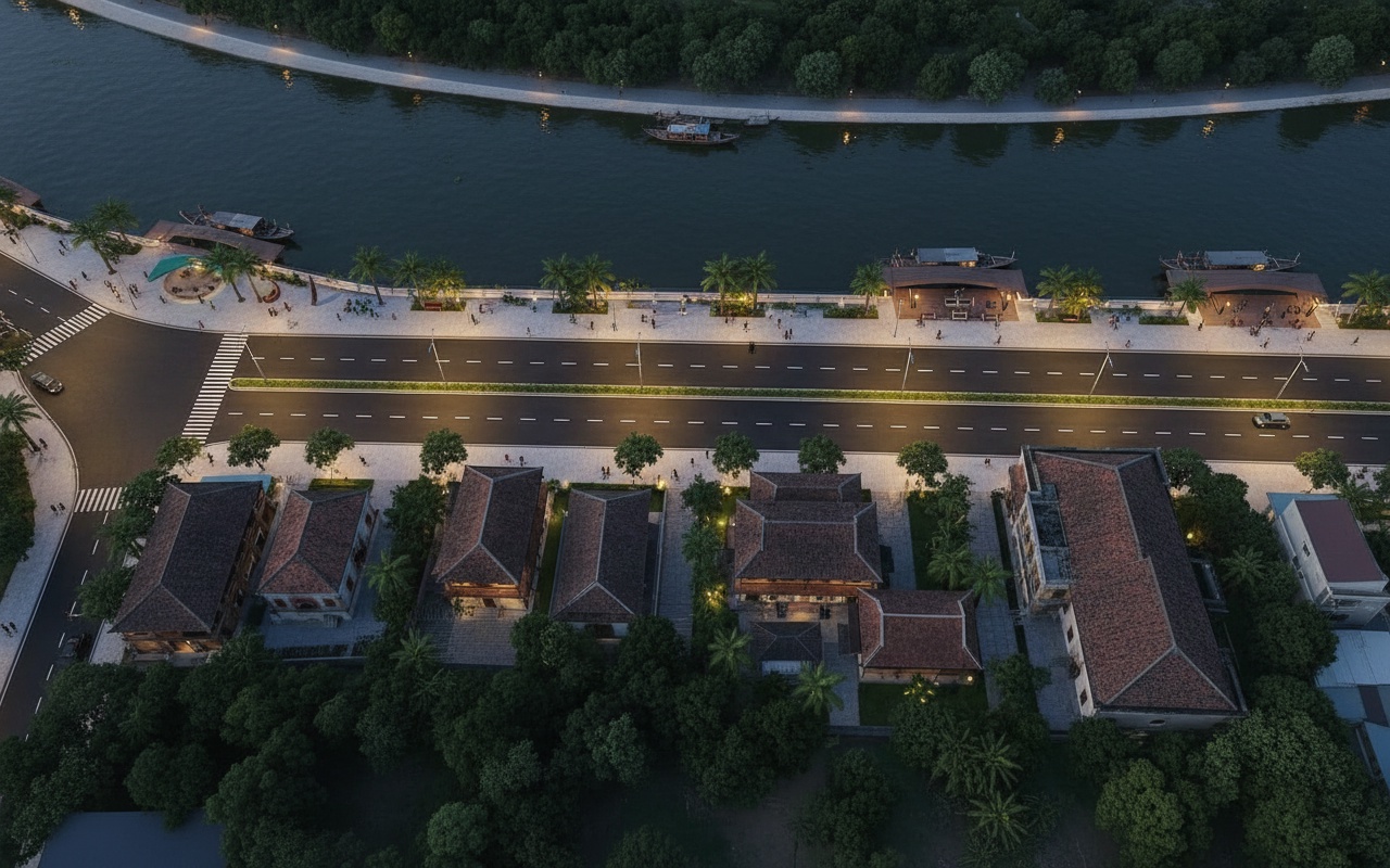 동나이 강변 도로의 모습과 고택