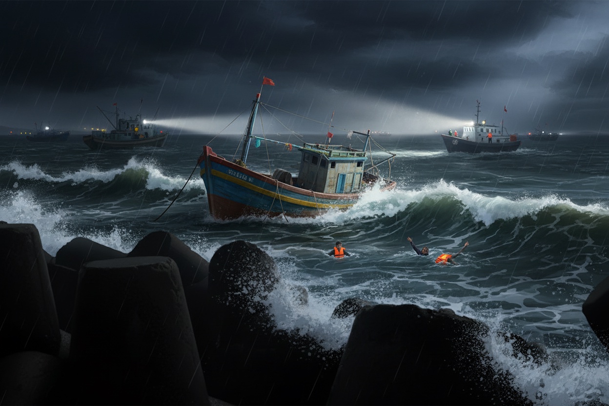 라기 해변에서 4명이 탄 배가 큰 파도에 의해 침몰