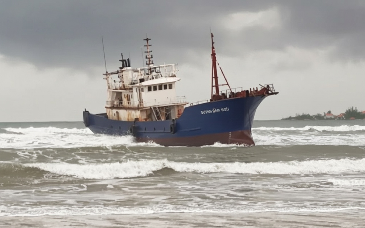 중국어가 적힌 배가 꽝응아이 해안에 떠내려옴