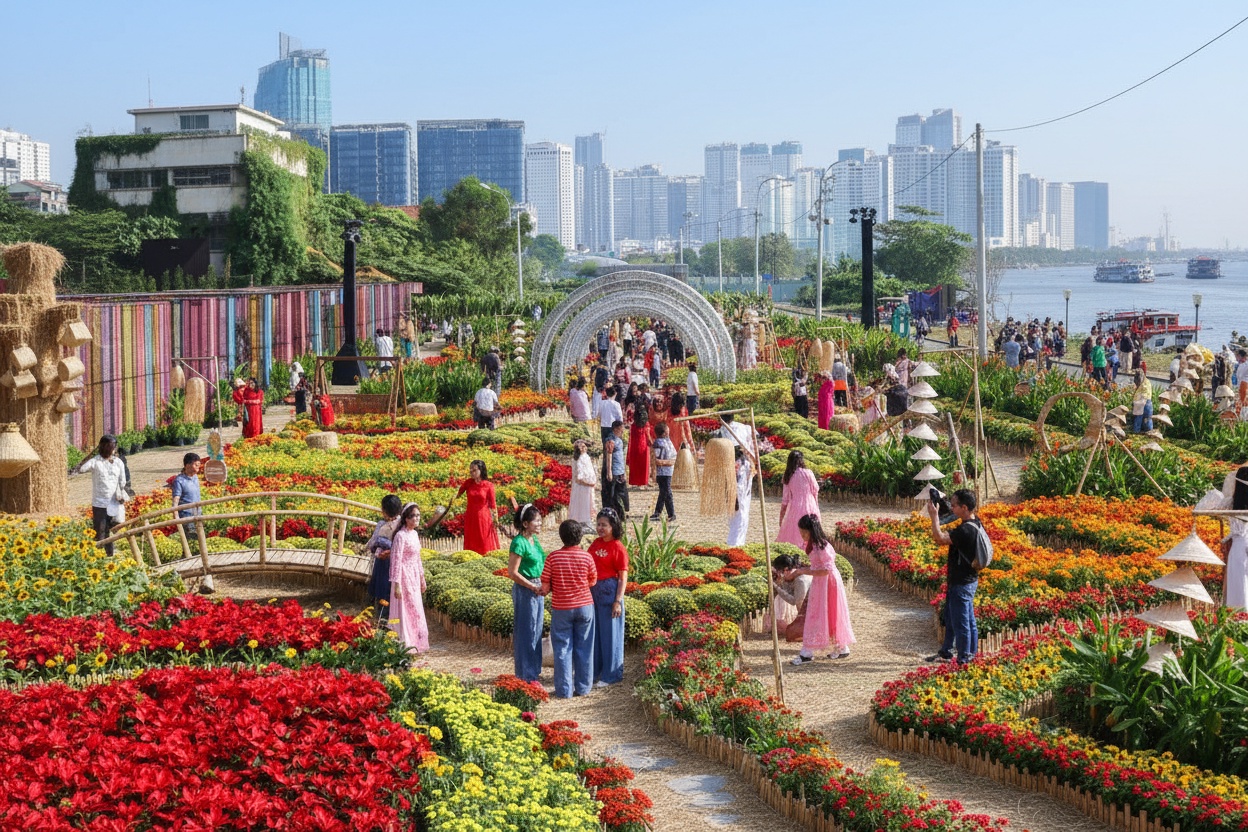 메트로역 인근 봄꽃 정원에 몰려드는 관광객들