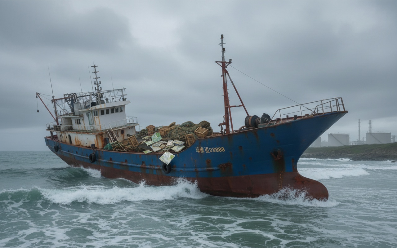 중국어가 적힌 배, 꽝응아이 해변에 떠밀려와 기름 유출 위험