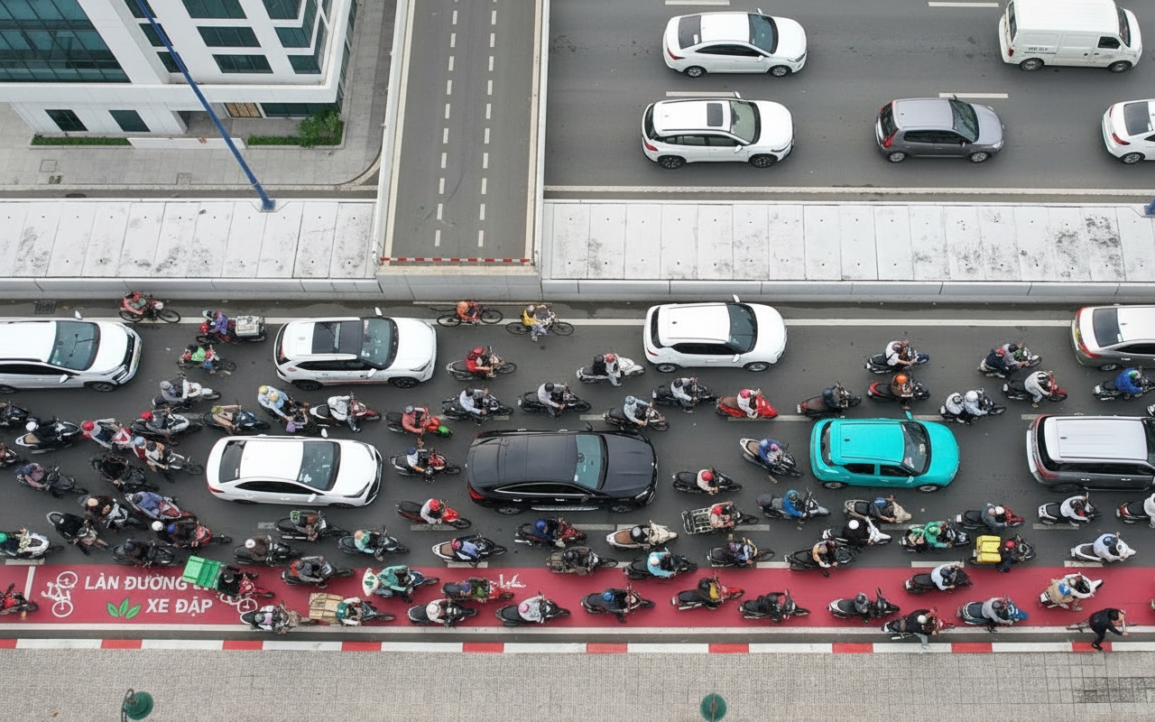 호치민시 자전거 전용 차선에 오토바이가 몰려드다